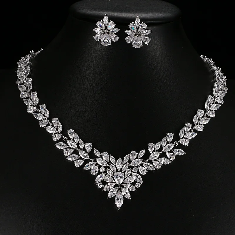 Emmaya New Top White Gold Plate Flower AAA Cubic Zircon Pendant/Earrings for Women Wedding Jewelry Sets