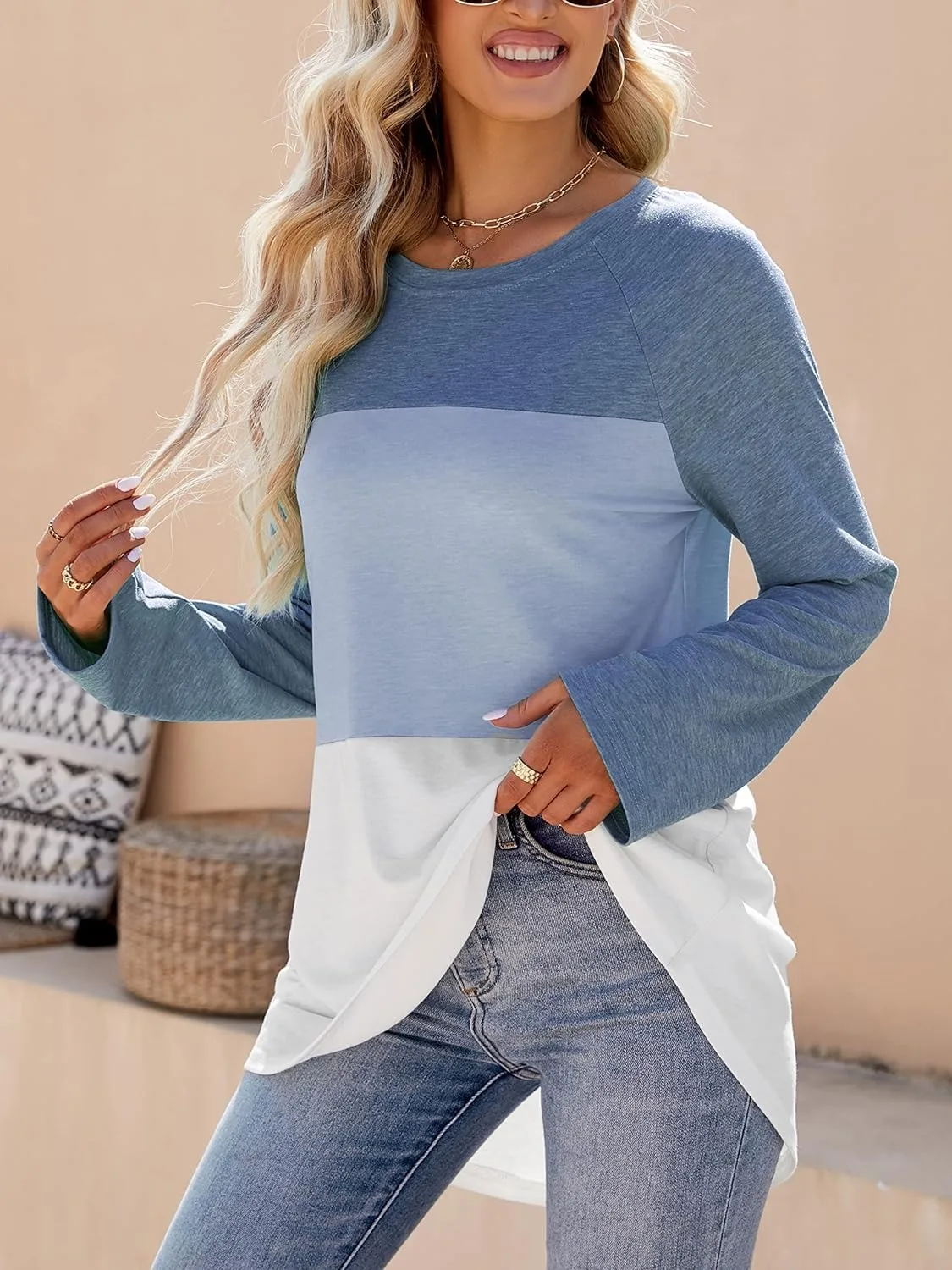 Women Colorblock Long Sleeve Crew Neck Blouse Casual Loose Fit Shirt Tops