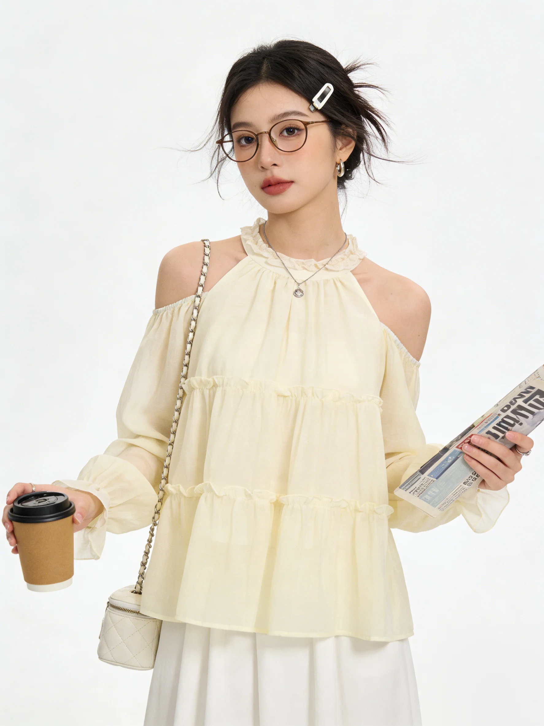 Yellowish Pale Shoulder Bared Bell Sleeve Collar Shirt Women's Korean Style Sweet Lace Trim Loose Fit Long Sleeve Casual Shirt