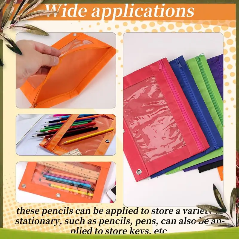 حقيبة أقلام رصاص جديدة مكونة من 6 قطع مع فتحات وأكياس بسحاب 3 حلقات مع نافذة شفافة (6 ألوان)