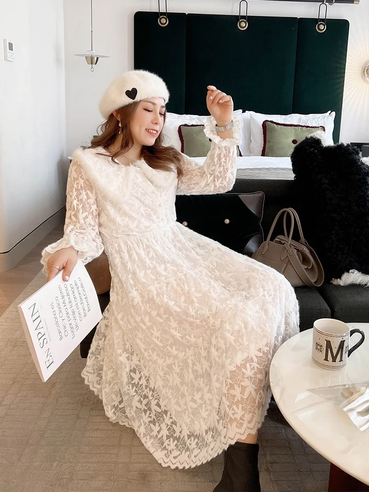 

Vogana Original plus Size Lace Trim Slimming Waist Dr Pure Desire White Moonlight Real Fur Splicing Midi Dr