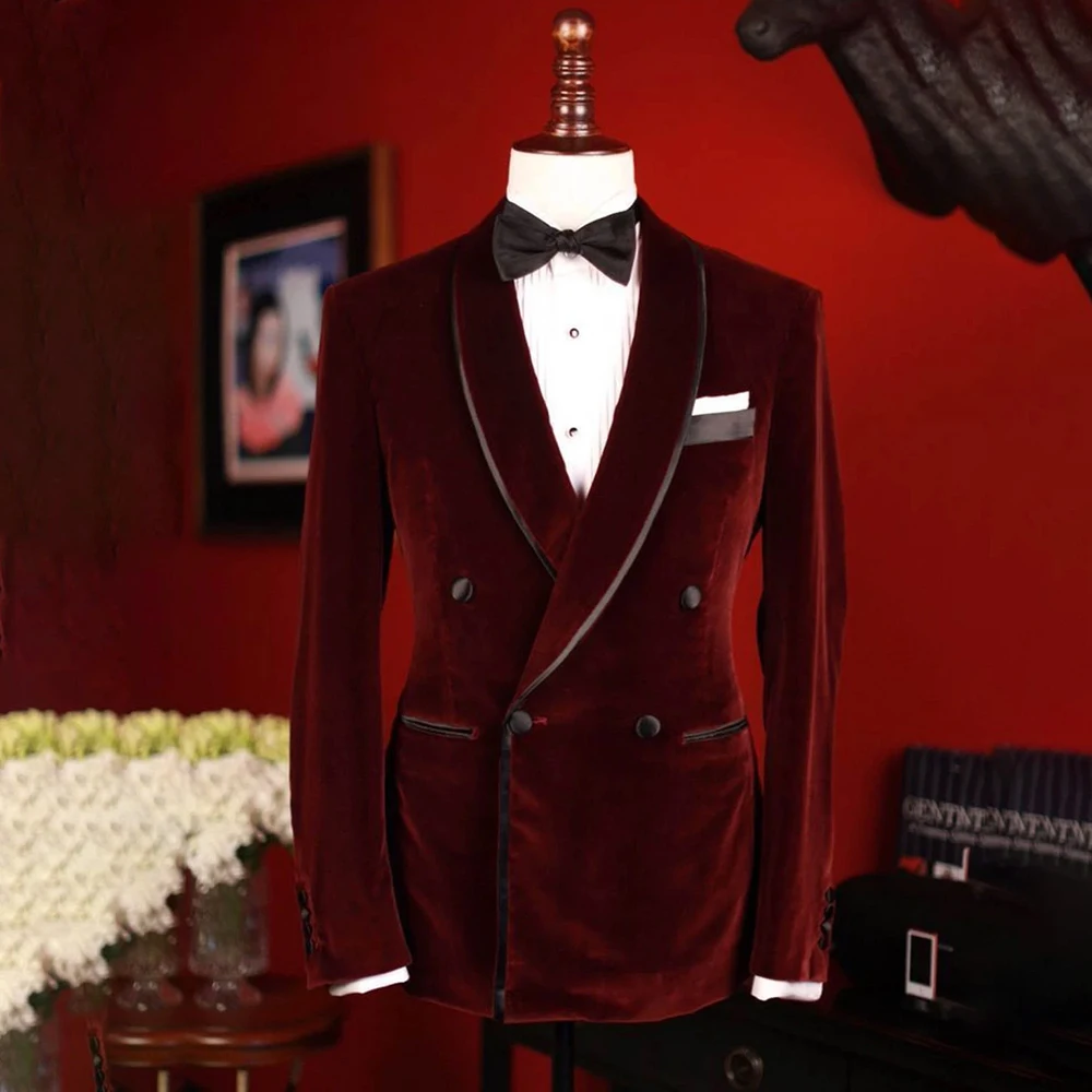 

Burgundy Velvet Suits for Men Elegant Double Breasted Shawl Lapel Slim Fit 2 Piece Jacket Pants Customzied Wedding Full Sets