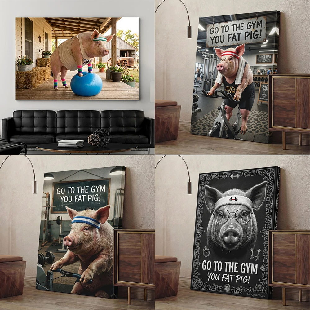 Funny Pig Gym Canvas Wall Art Prints Motivational Fitness Poster  Workout Room Decor Sarcastic Exercise Gift Animal Wall Decor