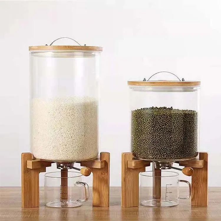 Flour and Cereal Container Dispenser Glass Food Storge Jar for Kitchen and Pantry Store Pet Food Airtight Lid and Wooden Stand