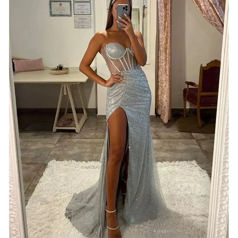 Sexy Silver Sequins Evening Dress Strapless Bone Bodice Split Glitter Mermaid Sleeveless Floor-Length Formal Party Prom Gowns