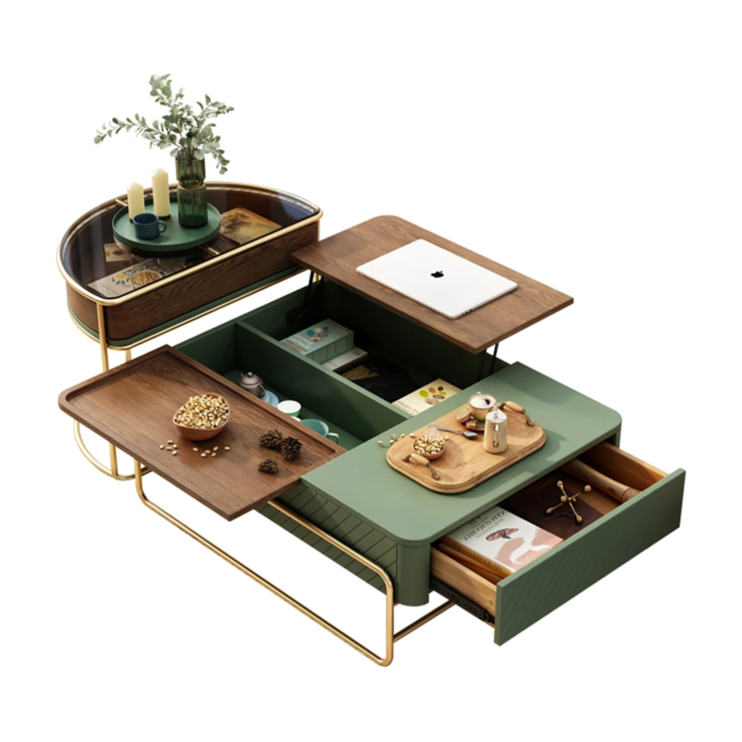 Light Luxury Green 2 Pcs Coffee Table Sets Small Side Table With Storage Space Modern Home Living Room Furniture Wood Table