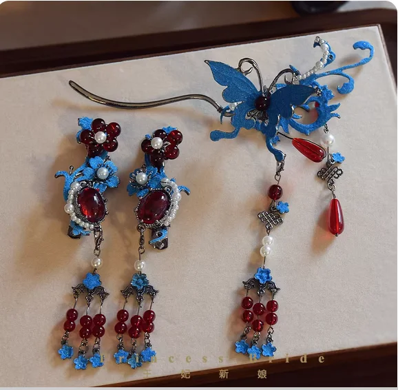 Fringe edge clip hairpin headdress delicate blue embellishment butterfly Xiuhe clothing morning robe hair accessories