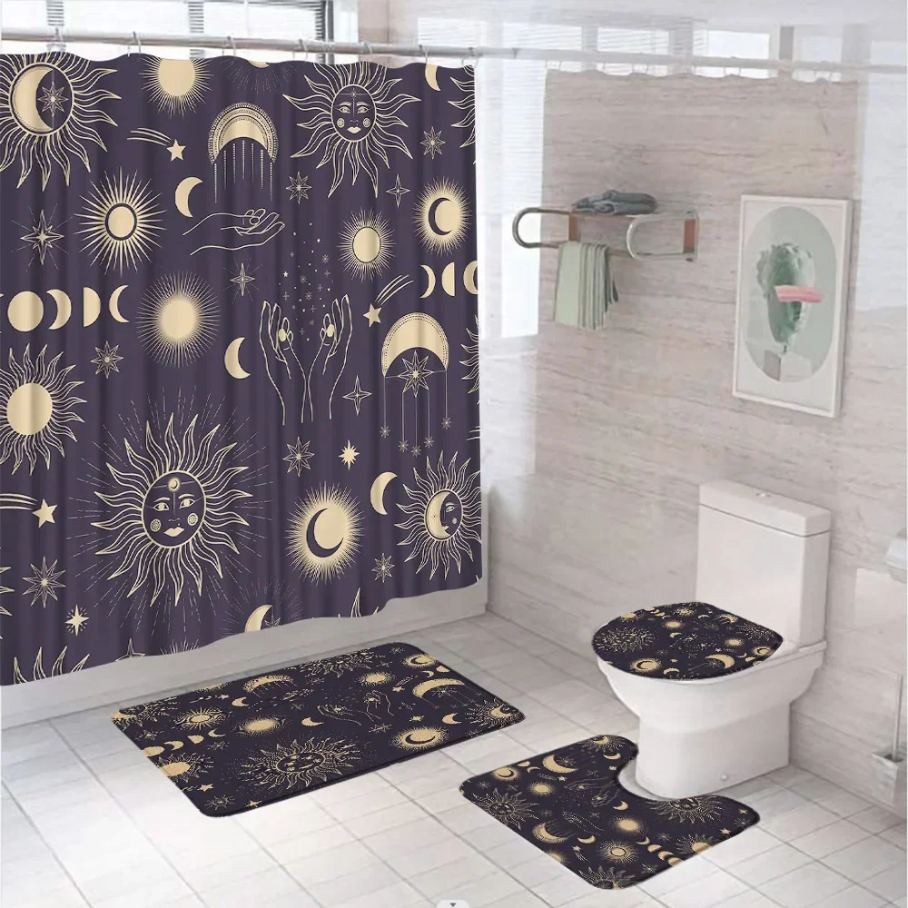4Pcs Sun Moon Shower Curtain Set Mystical Star Planet Space Polyester Bathroom Decor Curtains Non-Slip Rug Toilet Cover Bath Mat