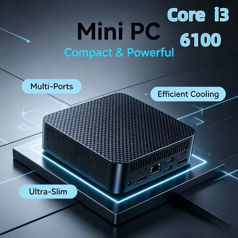 

Core I3 6100 Portable Mini PC, WiFi6 BT5.2, Dual Gigabit Ports, 4K Multi Display Host for Office & Small Daily Work