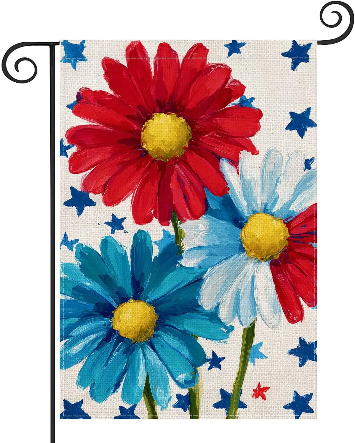 Patriotic Red White Blue Daisy Garden Flag 12.5x18 Inch, Double-Sided Floral Burlap Small Yard Flag, Rustic American Stars F uui