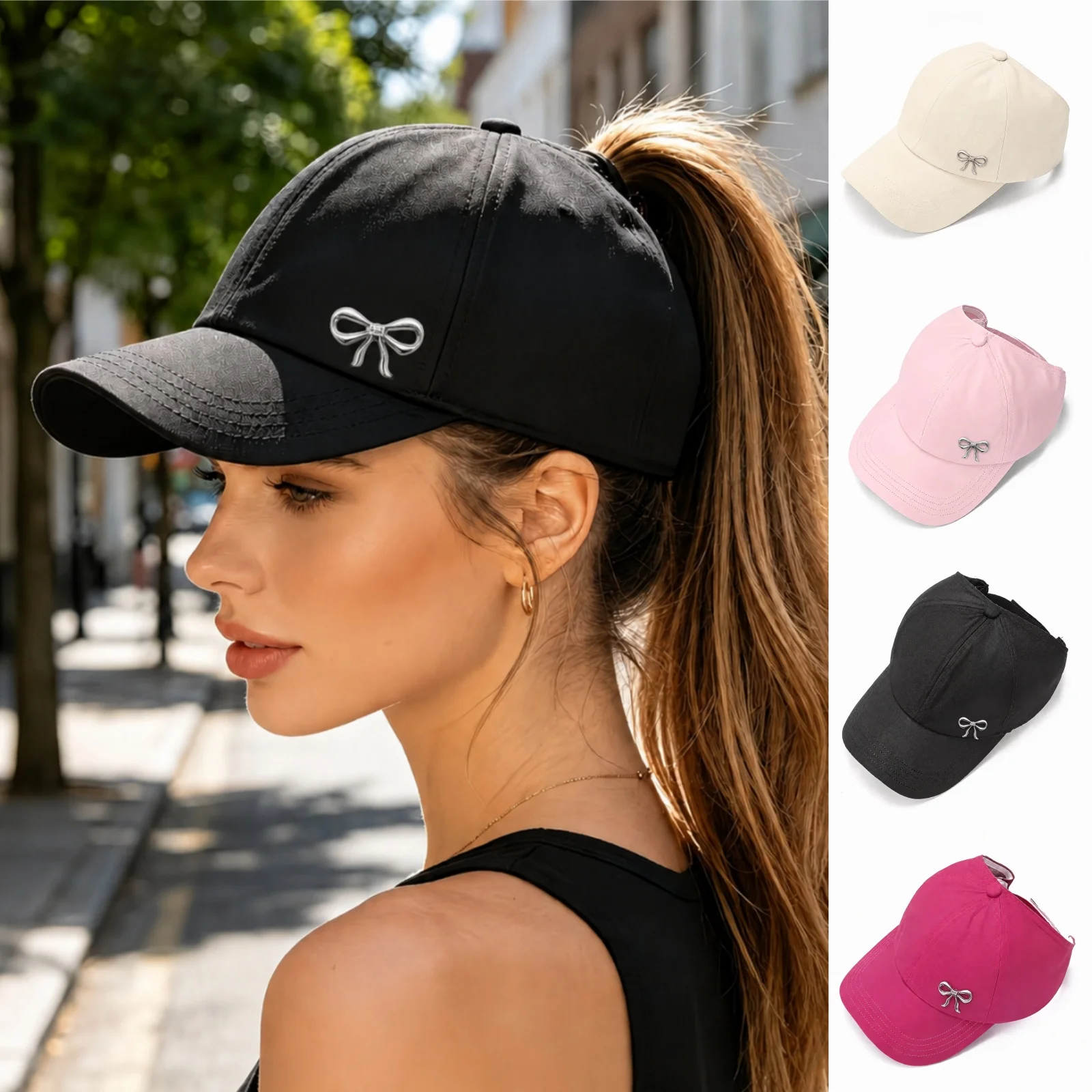 Women's Metal Bow Decoration High Ponytail Hat Hollow Baseball Cap Suitable for Sports Travel Daily Sun Protection Matching