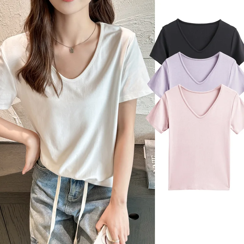 

T-shirt 2025 new loose V-neck shoulder short sleeved T-shirt for women summer plus size T-shirt
