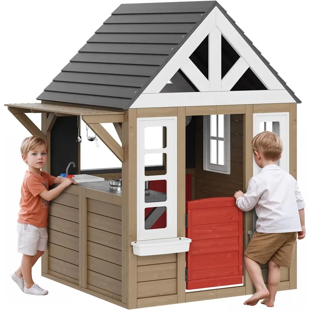 

Outdoor Wooden Playhouse, ern layhouse or Age 3-10 Years Kids, Garden Games Cottage, Country Style layhouse with Working Door, W