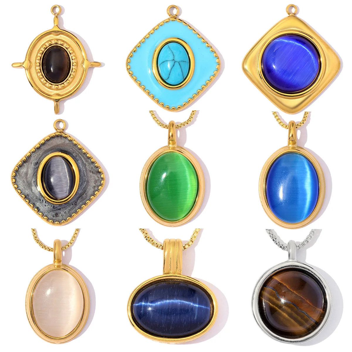 3pcs/Lot Wholesale Stainless Steel Square DIY Charms Cat Eye Natural Stone Necklace Pendants Women Geometric Jewelry Findings