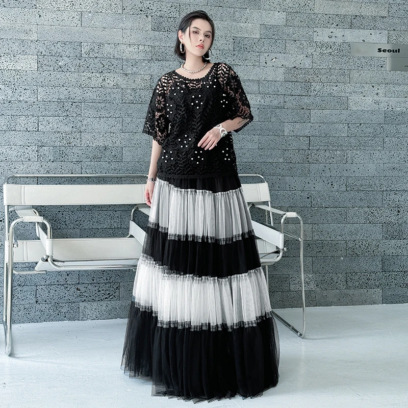 Saia oversized de cintura alta com chiffon solto, emaecimento, bloco de cores, estilo de rua, verão, nova chegada, saia longa