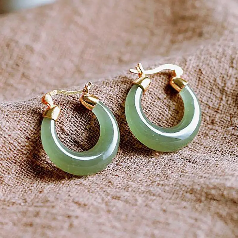 Natural White Jade Crescent Hoop Earrings Women Fine Jewelry Genuine Hetian Jades Nephrite Crescent Moon Dangle Earring