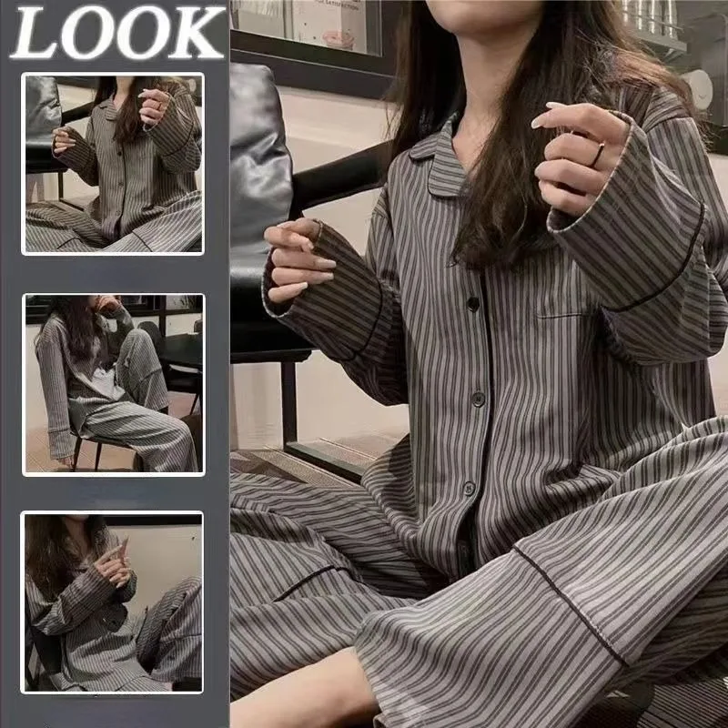 2024 New Cardigan Simple Pajamas Women Spring Autumn Sleepwear Striped Student Homewear Suit V-neck Loose Thin Loungewear