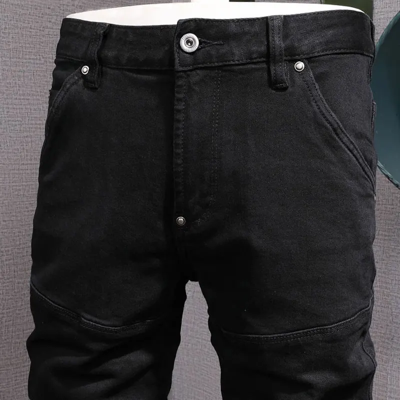 Moda urbana, pantalones vaqueros para Hombre, pantalones vaqueros de motociclista de diseñador empalmados ajustados elásticos negros de alta calidad, pantalones vaqueros de Hip Hop parcheados para Hombre