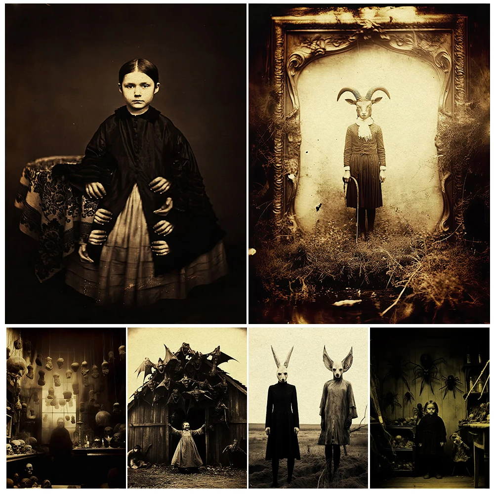 Creepy Scary Old Photos Vintage Wall Art Canvas Painting Pagan Occult Witchcraft Black Magic Photography Art Poster Print Decor