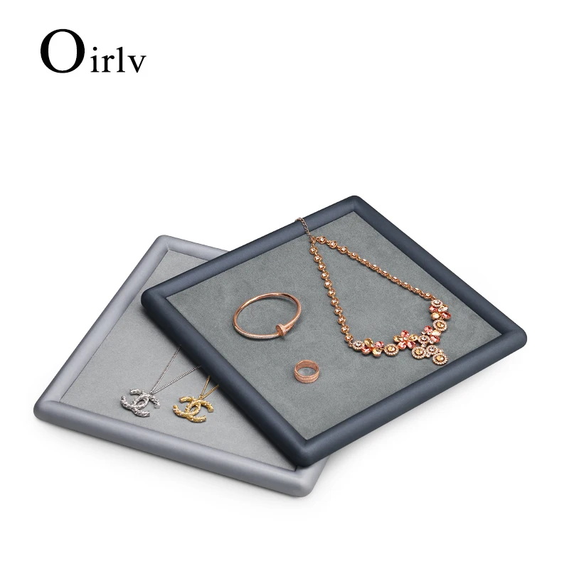 Oirlv Grey Rectangle PU Leather Jewelry Display Tray with Microfiber Jewelry Storage Pallet for Bangle Necklace