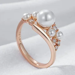 Wbmqda Cute Pearl Rings For Women 585 Rose Gold Color With Natural Zircon Elegant Daily Party Jewelry 2024 Best Gift