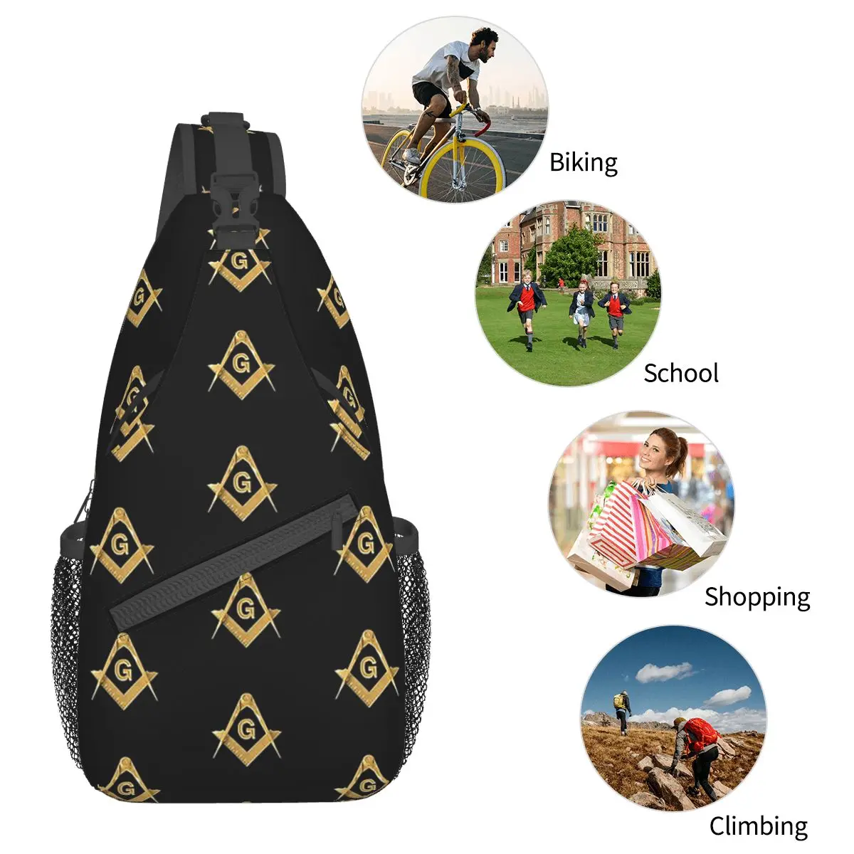 Freemason Padrão Sling Bags Peito Crossbody Ombro Sling Mochila Caminhadas Viagem Daypacks Ouro Quadrado Preto Maçônico Homens Mulheres