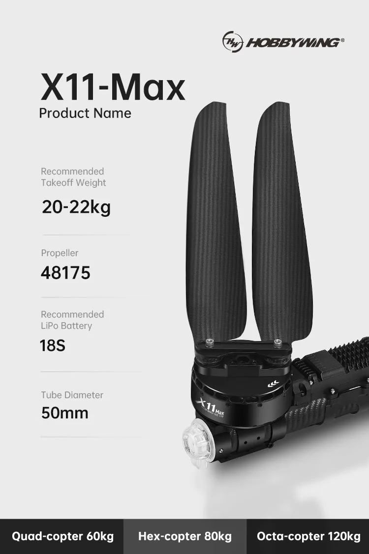 มอเตอร์ไร้แปรงถ่าน XRotor X11 Max พร้อมระบบจ่ายไฟในตัว 11122 60KV 18S ESC แรงขับ 44 กก./โรเตอร์ สำหรับโดรนควอดคอปเตอร์ 40 ลิตร อะไหล่โดรน