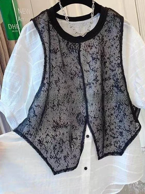 

plus Size Women's Casual Summer Shirt Black Lace Splice Short Sleeve Thin Style Commute Korean Loose Fit Inner Wear Top