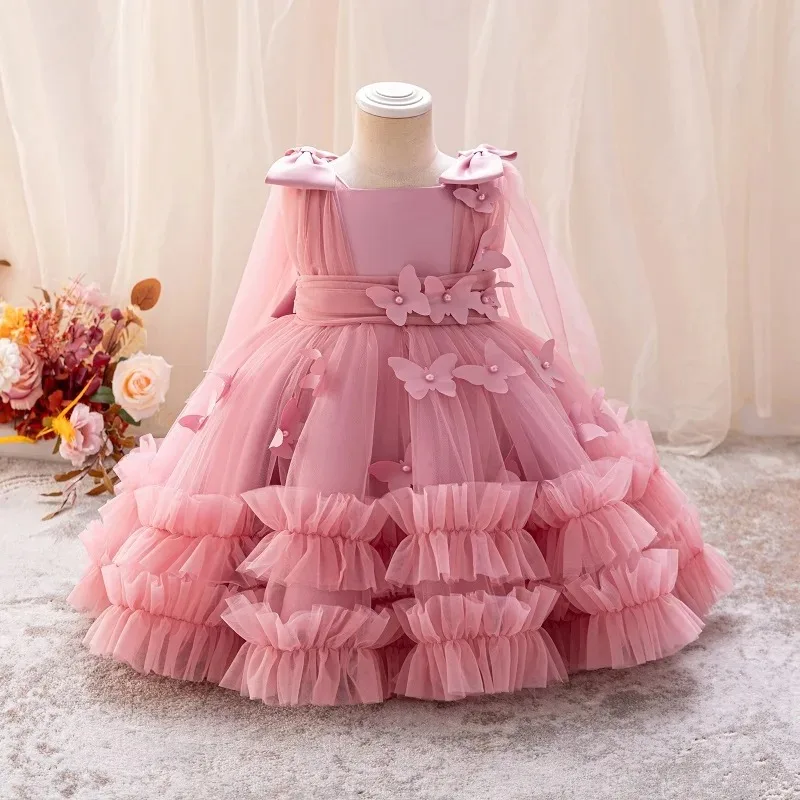 1-5 Y Baby Girls Wedding Sleeveless Butterfly Chiffon Elegance Princess Dress Carnival Birthday Party Piano Performance Evening