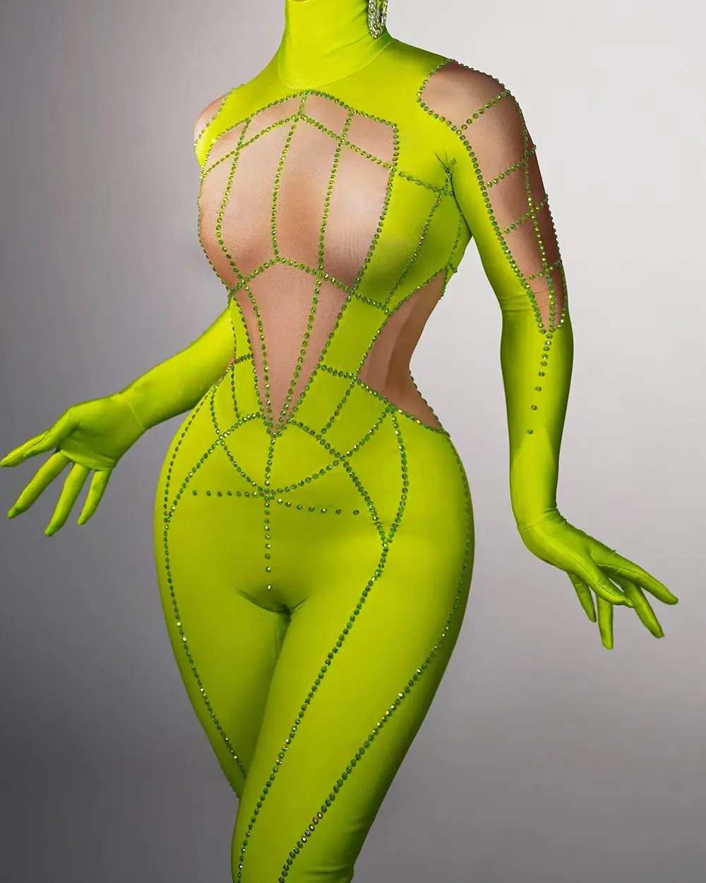 

Ladies Sexy Crystal Jumpsuit Gloves Rhinestone Nightclub Party Performance Jumpsuit Pole Dance Singer Stage Performance Costume
