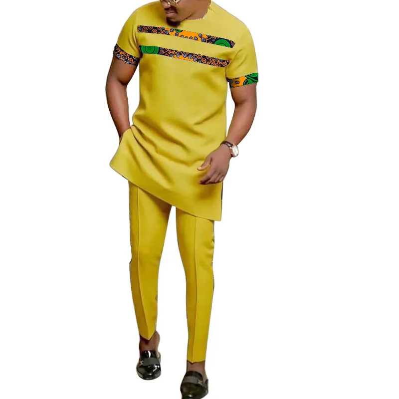 African Fashion Yellow Men's Set Outfits Short Sleeve Tops Patch Trousers Nigerian Print Male Pant Suits Party Wear Customized