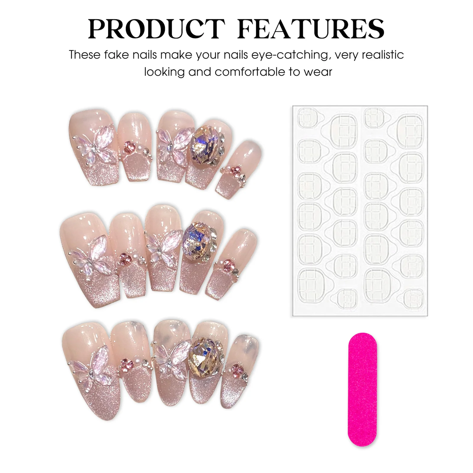 10Pcs Cat's Eye Fake Nails Handmade Blush Pink Press On Nails Butterfly Flash Rhinestone Designs False Nail Manicure Art