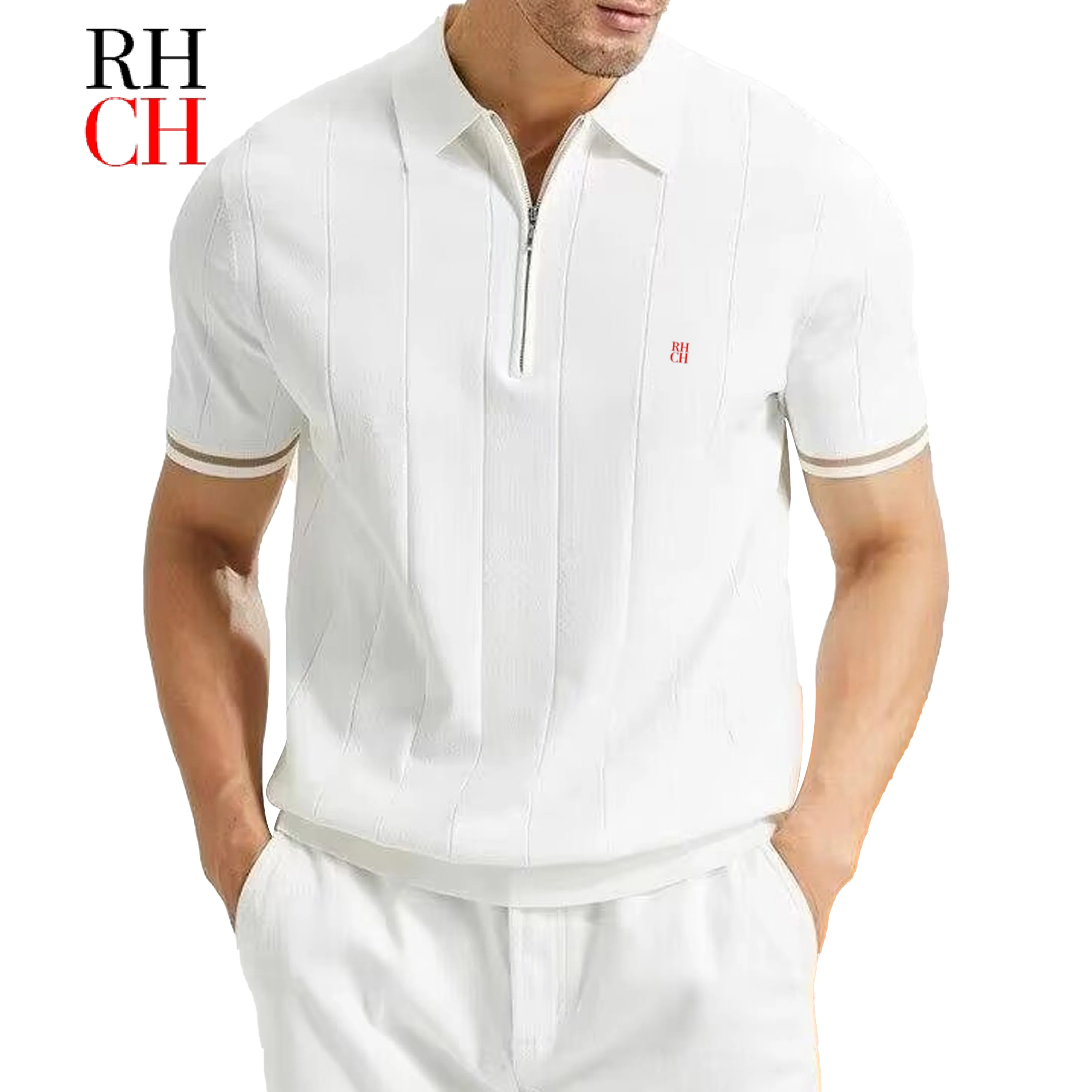 RHCH Men Half Zip Collar Short Sleeve Polo Shirt Bold RHCH Mini Red Embroidery Left Chest Old Money Golf Office Daily Wear