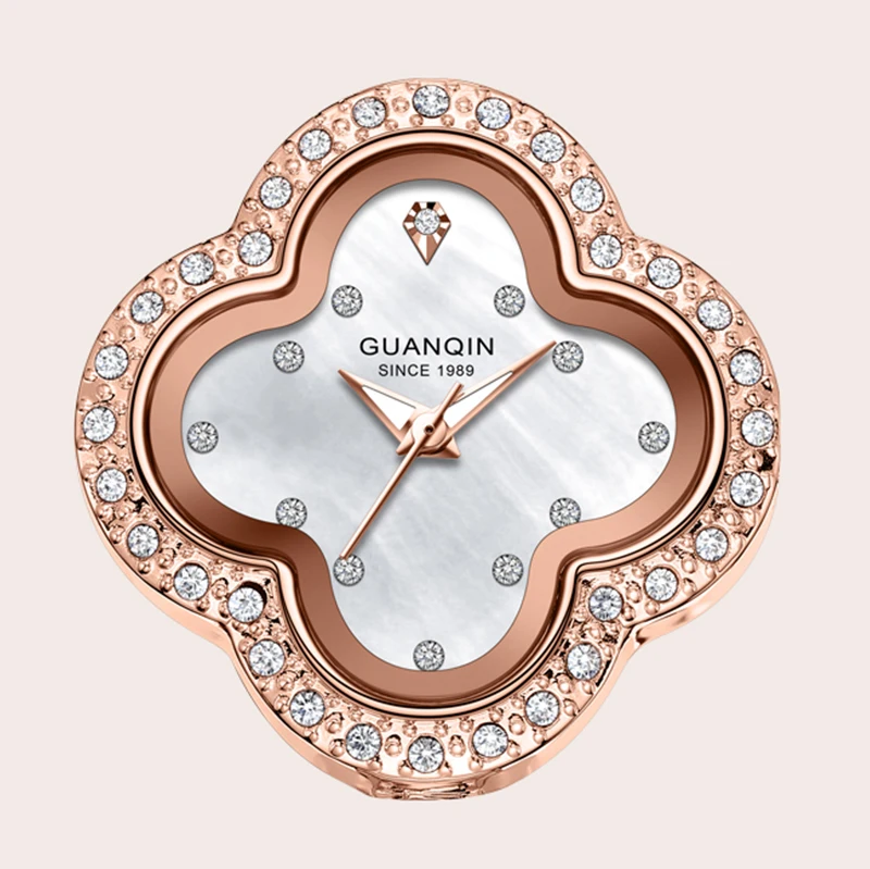 GUANQIN Luxury Women Quartz Watch Mother-of-Pearl Dial Four-leaf Clover Bracelet Leisure 30M Waterproof Watch for Lady for Gift