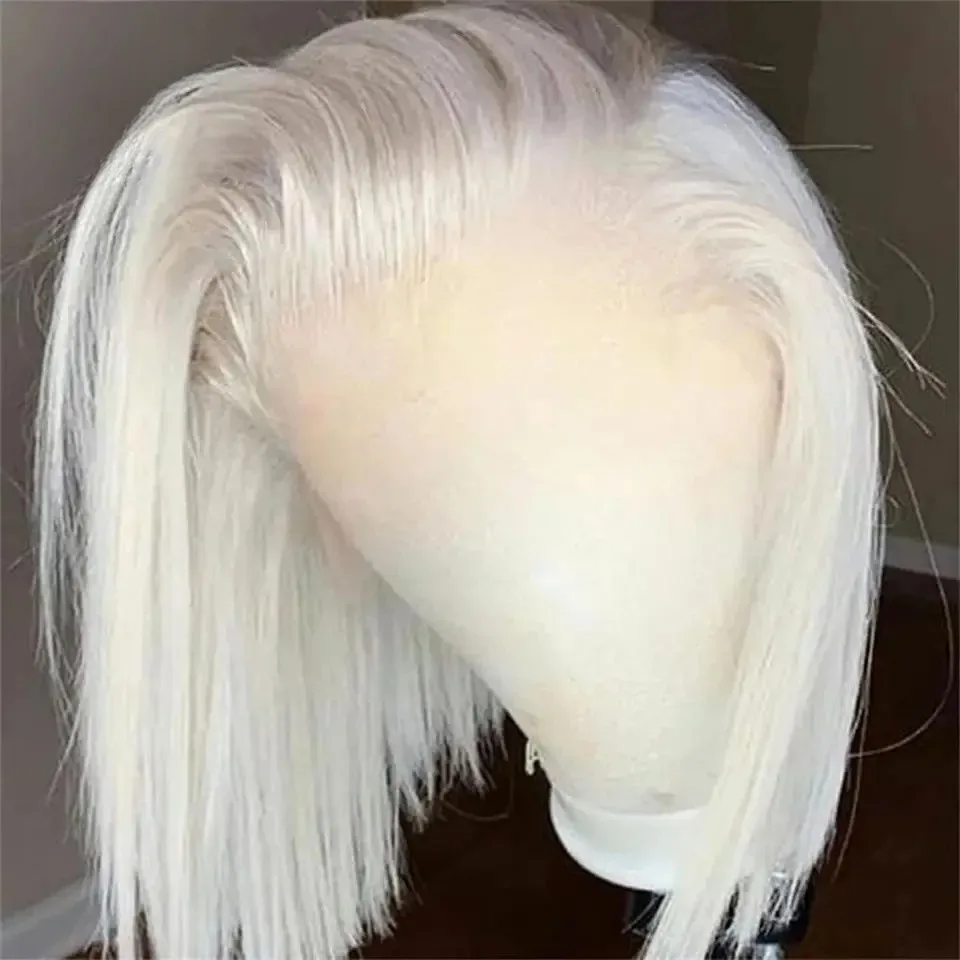 13x4 Transparent Lace Frontal Wig Color White Platinum Ash Blonde Straight Bob Lace Front Wig Synthetic Pre Plucked