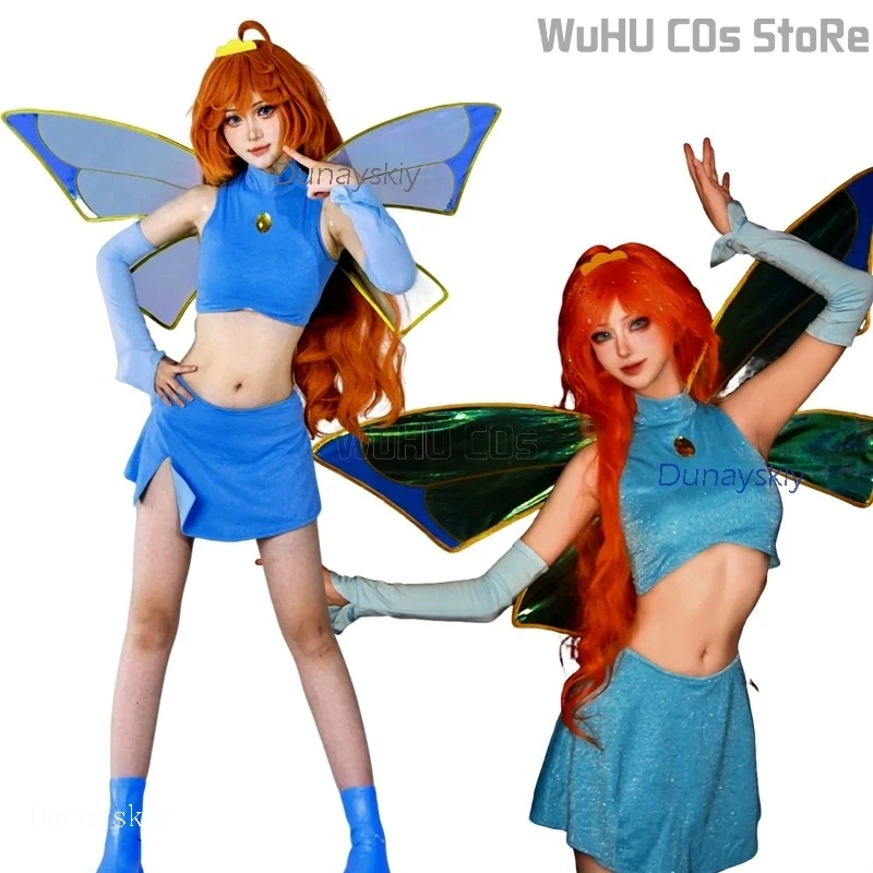 

Winks Princess Bloom Cosplay Club Set – Blue Tube Top + Fancy Ponytail Wig + Shiny Skirt + Sleeves, Female Halloween Costume