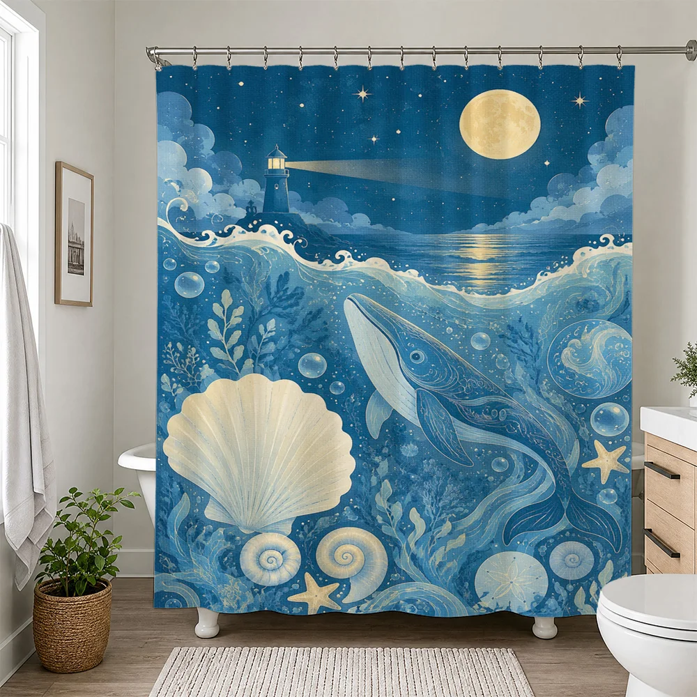 Nautical Ocean Moon Lighthouse Mermaid Under the Sea Blue Shower Curtain Bathroom Decor