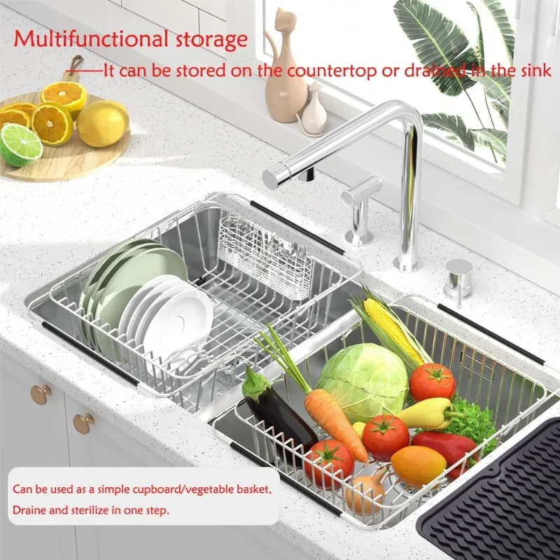 

Stainless Steel Dish Drying Rack(15.2"L X 11"W X 5.3"H), Expandable Fruit & Vegetable Drain Rack over Sink, Dish Drainer Rack