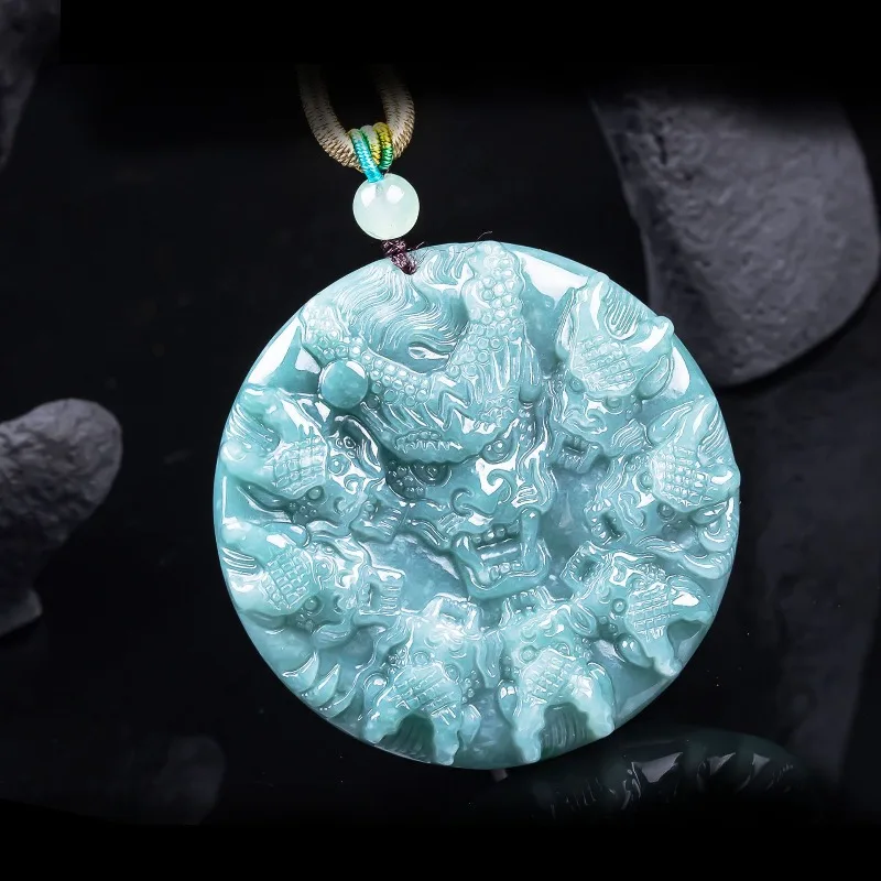 Natural A-grade Jadeite Jiulong Nafu Protector Exquisite Jade Pendant Carving Jade Old High Ice Pendant Stable Magnetic Field