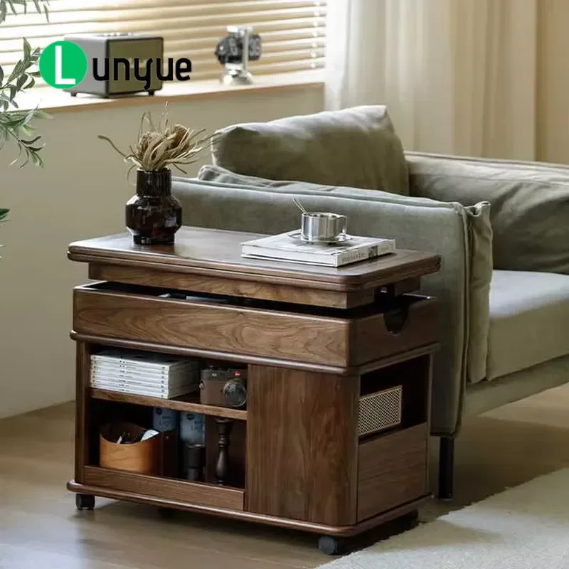 Solid Wood Lift Coffee Table Adjustable Height Side Cabinet Movable Cart Rotating Bus Side Table Modern Simplicity For Living