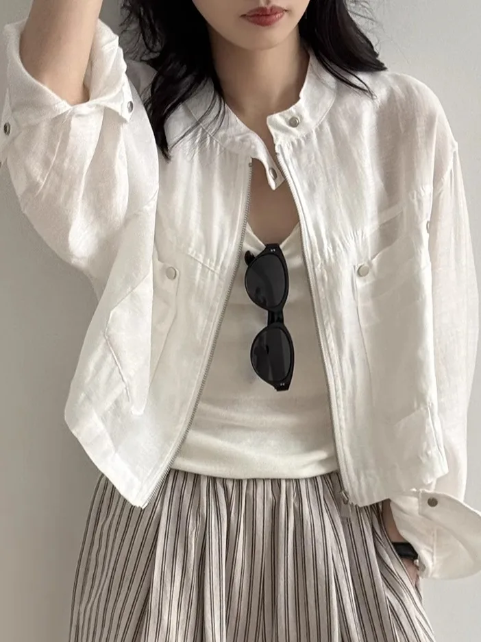 

Women's Spring Summer Thin ort Loose Workwear Jaet Stand Collar Baseball Sle Casual Outerwear Korean Faion