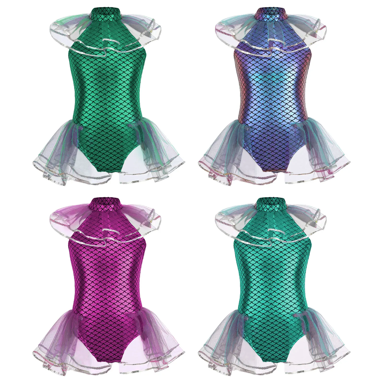 الأطفال الفتيات هالوين حورية البحر الأميرة تأثيري حلي لامعة قشور السمك طباعة الترتر شبكة توتو ارتداءها مع أكمام أذرع تبريد #2