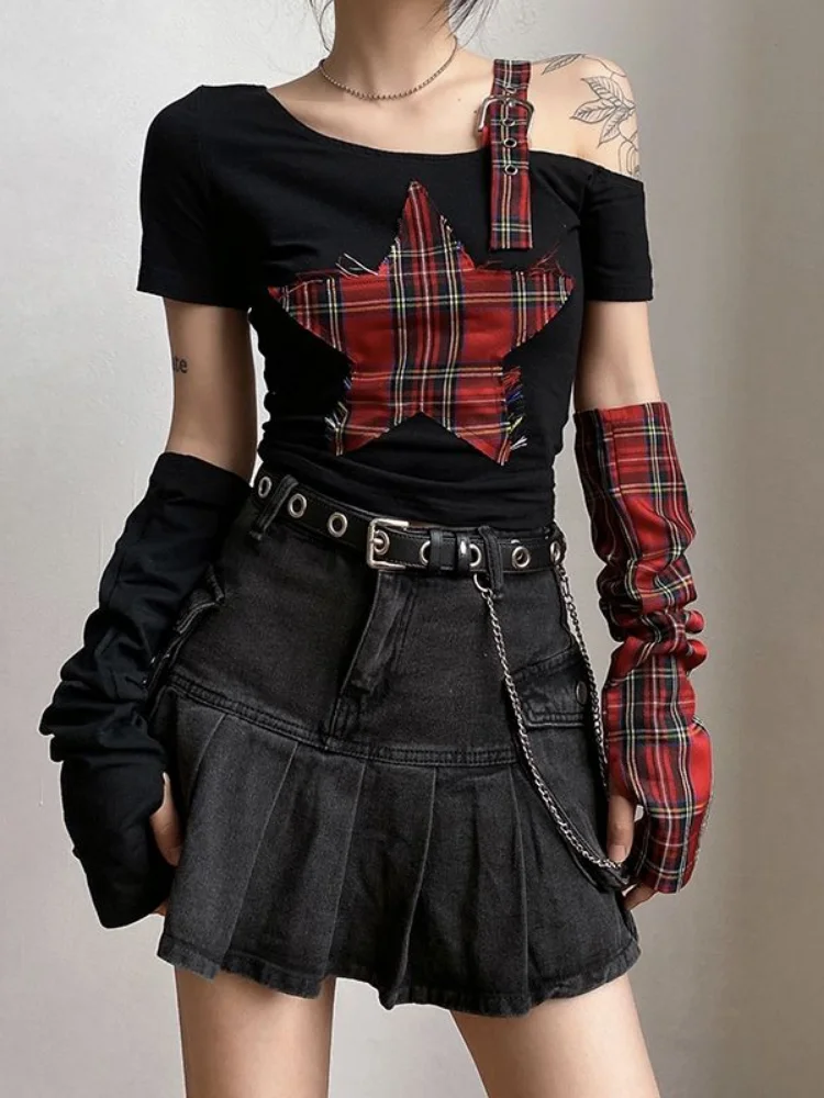 

QWEEK Y2k Gothic Harajuku Punk Crop T-shirts Women Goth Dark Plaid Slim Tshirt Streetwear Cropped Tops 2023 Summer Fashion Kpop