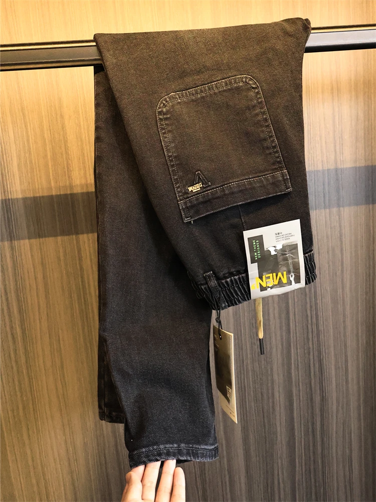 

Slim Fit Straight Leg Jeans Men's Pure Color Faion Elastic Waist Cotton Stretch Denim mid Waist Long Trousers Autumn Wear