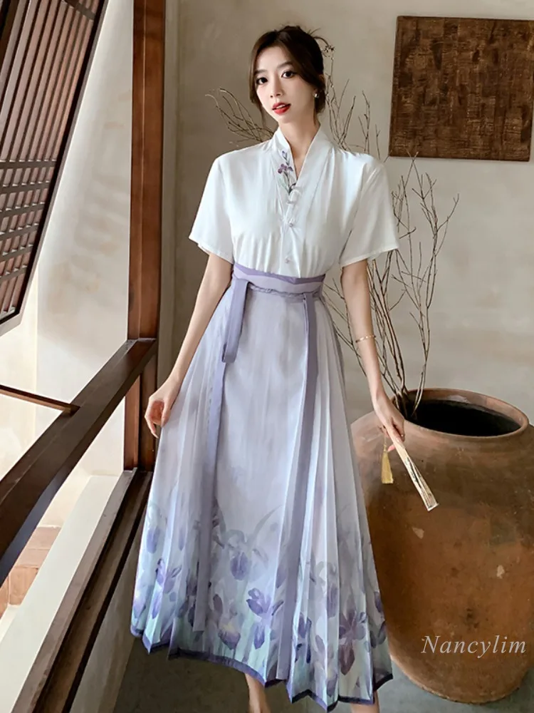 New Chinese Style National Style Improved Hanfu Cropped Horse-Face Skirt Suit Women\'s Summer Thin Small 2024 New Top