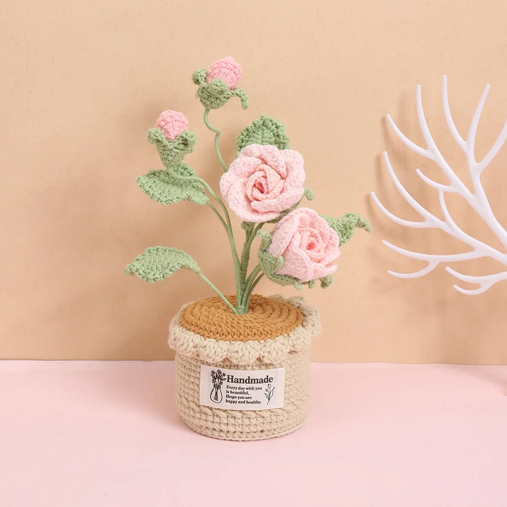 Fertiggestellter handgemachter Rosenblumentopf, kreativer gehäkelter Blumentopf, künstliche Pflanzen, Hochzeitsraumdekoration, Geschenk für Freunde – Detail 2