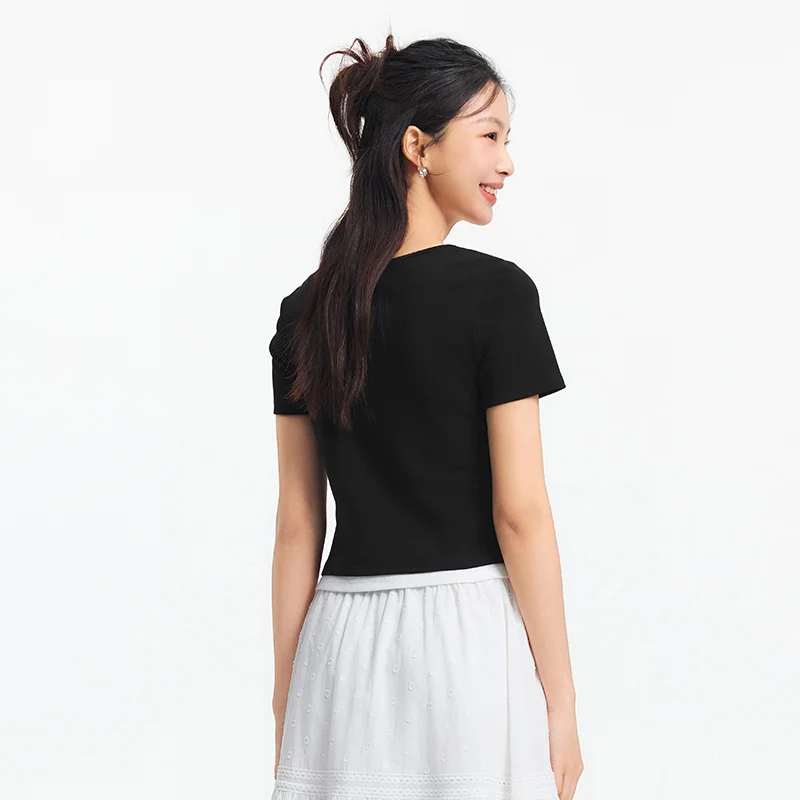 Semir Short Sleeve T-Shirt Women Cropped Fake Two-Piece Versatile 2025 New Summer Slim Fit U Neck Top Slimming for Chic Style image 6
