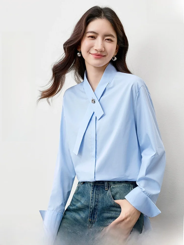 

Two-Way Sleeve Shirt Women's Spring 2026 New Stand Collar Drifting Button Design Secret Door Front Shoulder Drop Top