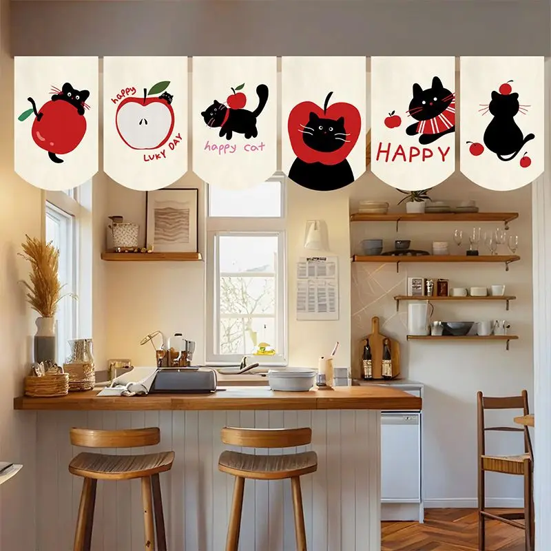VIKAMA Cute Black Cat Red Apple Triangle Hanging Flag Noren Curtain Home Kitchen Cafe Partition Banner Window Decor