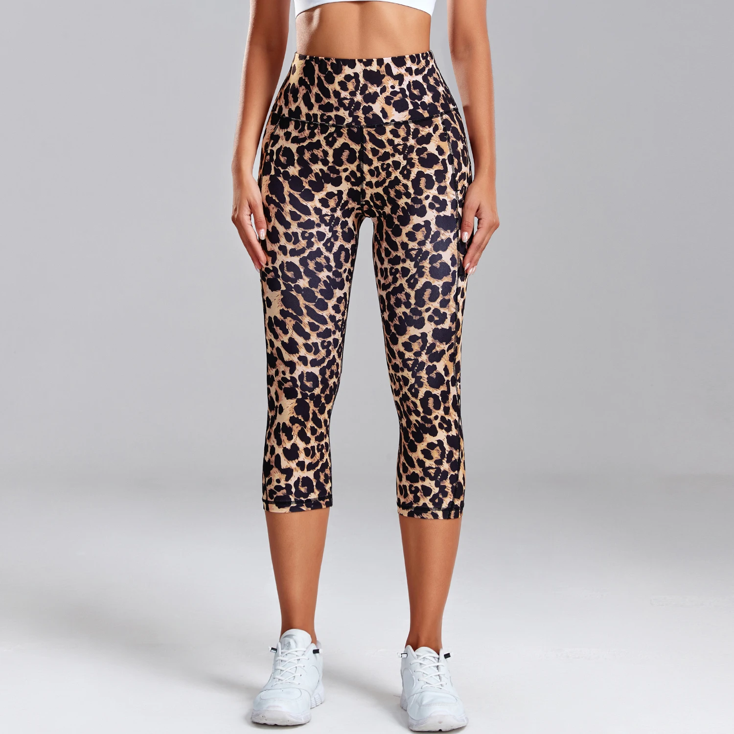 Leopard Print Capris Leggings Women\'s High Waisted Yoga Pants With Side Pockets Gym Quick Drying Sports Tights Fitness Clothing